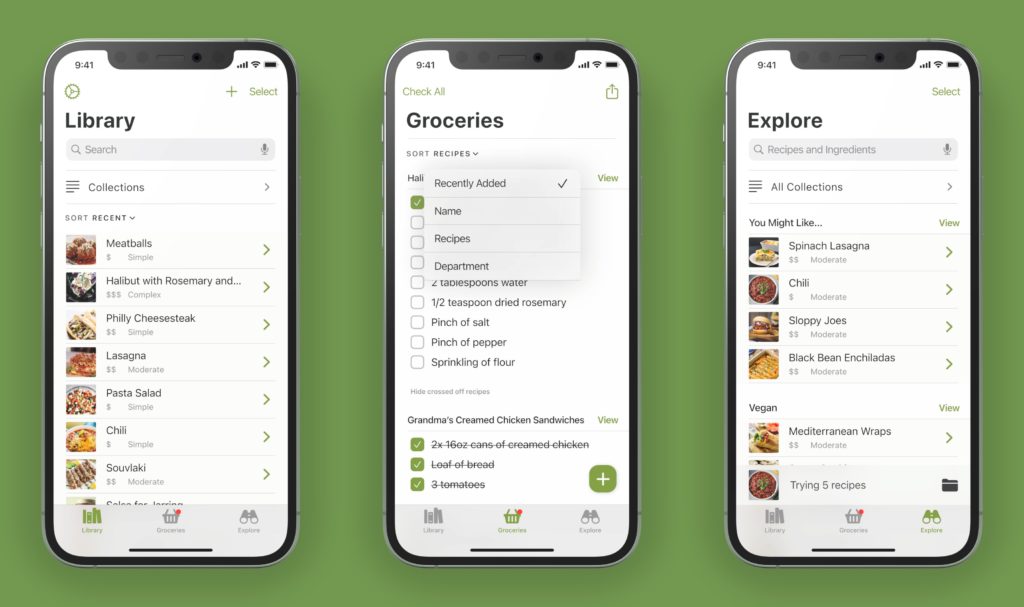 Foodlibs app: library, groceries, explore tabs.