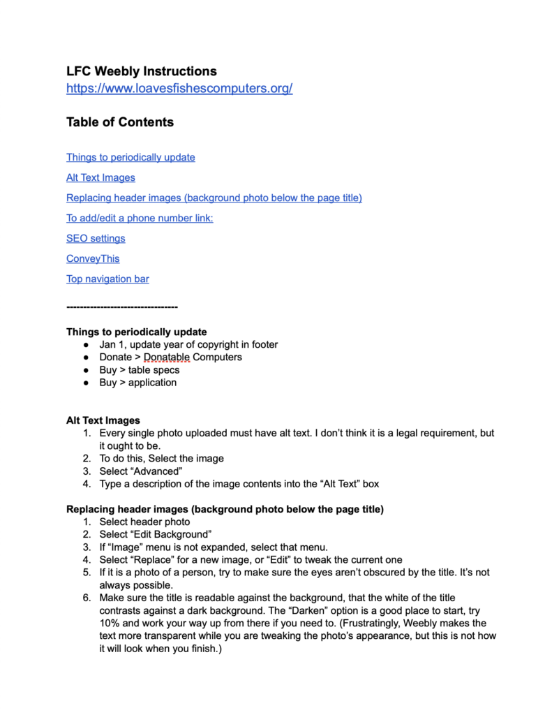 Instructions on how to edit the website for the staff at LFC