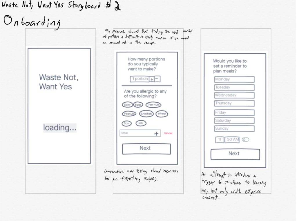 Onboarding, screening out ingredients for allergies, setting default portions, setting meal planning reminder.