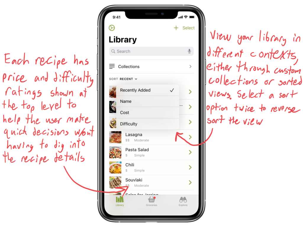 Library tab with a list of the user’s recipes. “Each recipe has price and difficulty ratings shown at the top level to help the user make quick decisions without having to dig into the recipe details”. There is a sort menu with the options of Recently Added, Name, Cost, and Difficulty. “View your library in different contexts, either through custom collections or sorted views. Select a sort option twice to reverse sort the view”.
