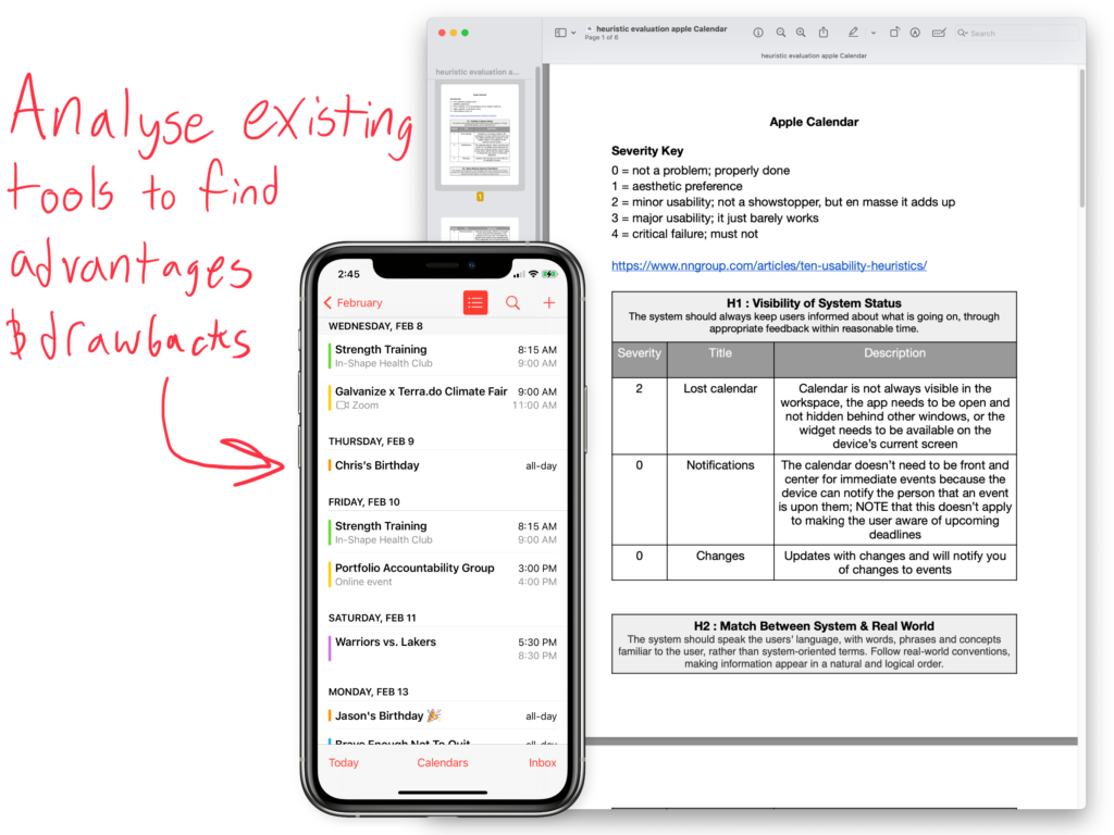 Heuristic evaluation; analyze existing tools to find advantages and drawbacks.